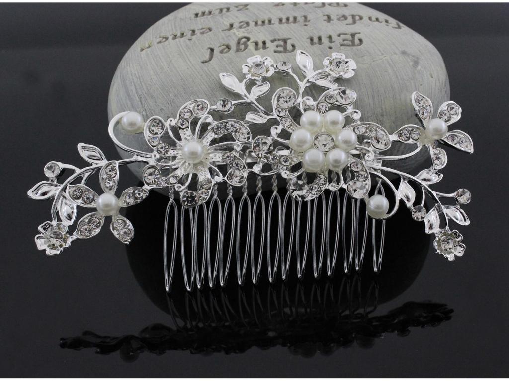Rhinestone Inlaid Diamond Pearl Flower Hair Comb for Women