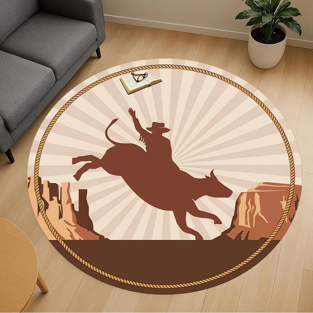 1pc Bull RidingRodeo Round Chair mat Area Rug - Non-Slip, Floor Mat for Office, Bedroom, home decor Christmas Gift p0811336
