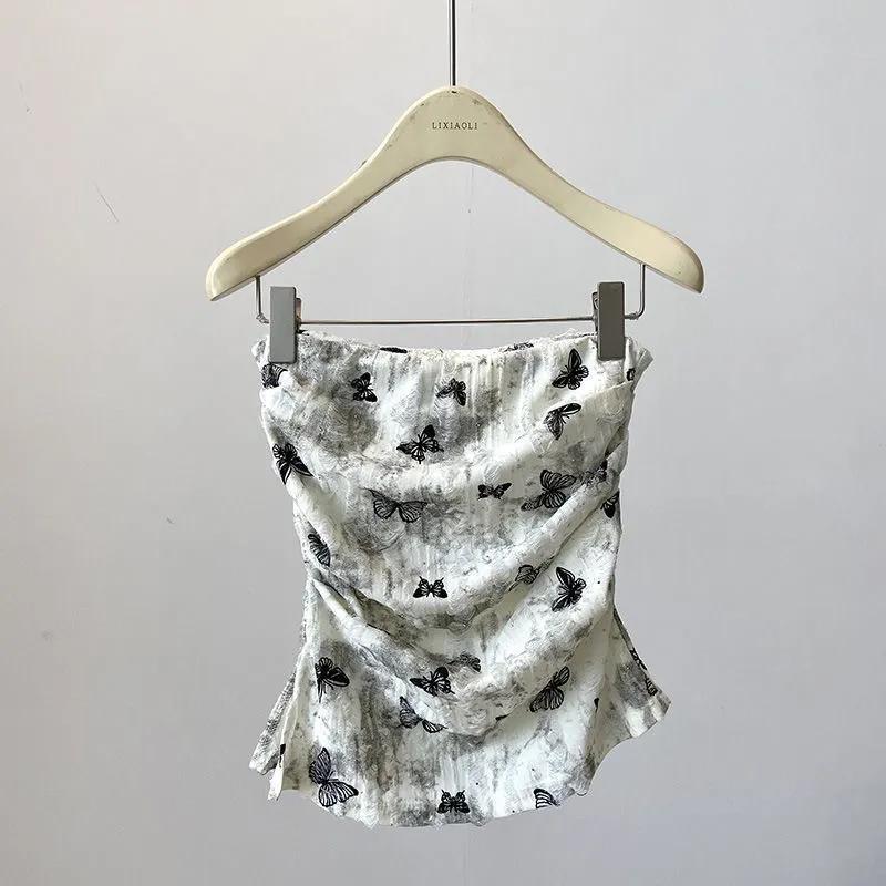 

French Romantic Butterfly Tube Top Slit Summer Fashion Pleated Hot Girl Slim Off Shoulder Top S белый