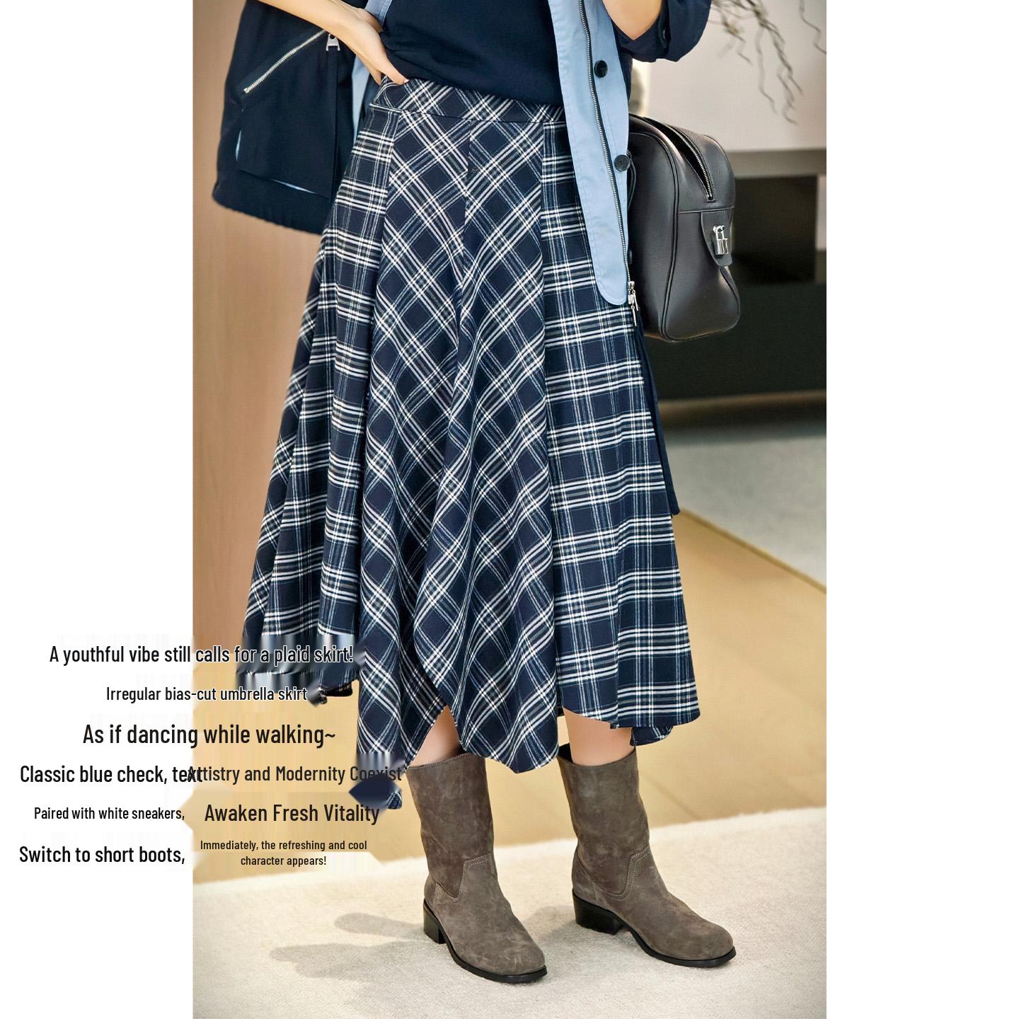 Meiyang Sugar Blue Modern Plaid Half Skirt - Yarn-dyed Bias Cut Umbrella Design Medium