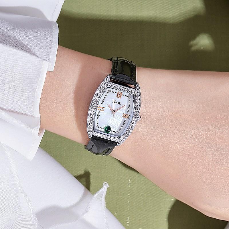Stylish And Simple Temperament Women'S Watch Full Of Diamonds, Wine Barrel Shape Personalized Watch Women'S Green Leather Strap