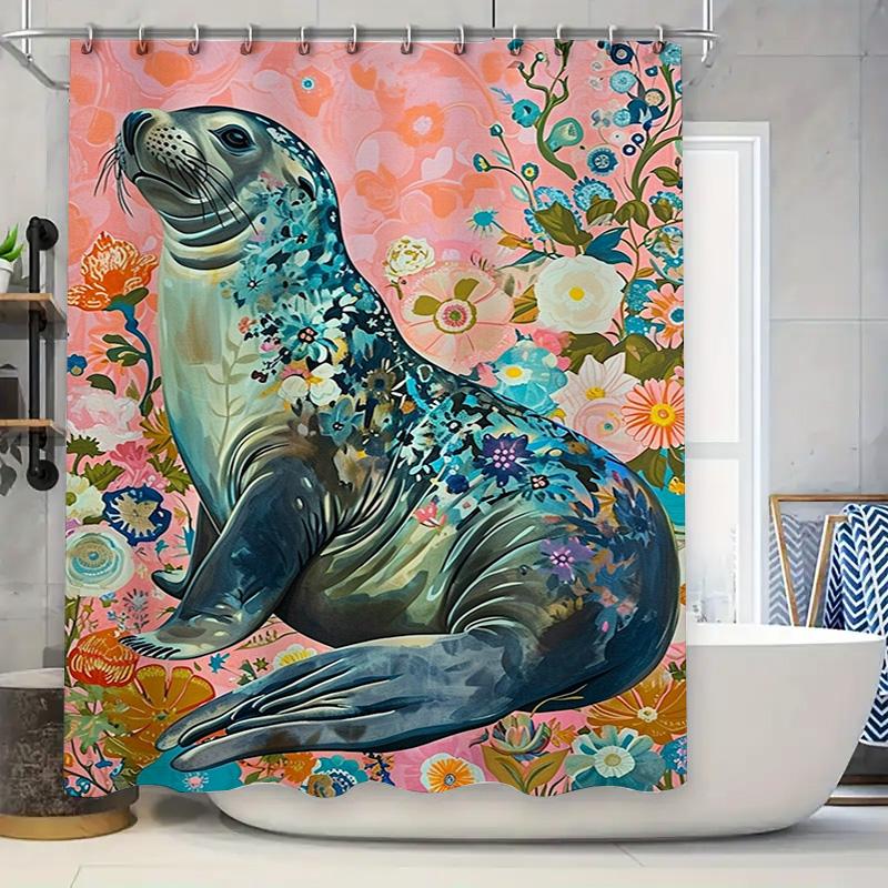 

Vibrant Floral Seal Bath Curtain Pink Blue Decor Shower Fabric Waterproof Home Decor Bathroom Decoration 72 x 84 inches for Your 90x180cm