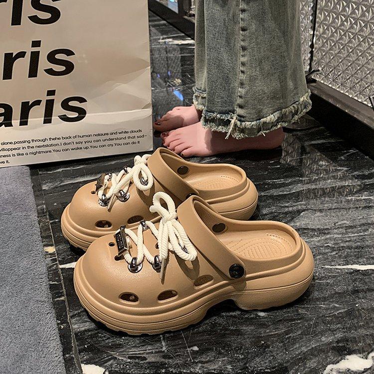 Platform women's shoes 2025 new beach sandals lace-up hole shoes Platform sole casual and comfortable versatile one-pedal sandals