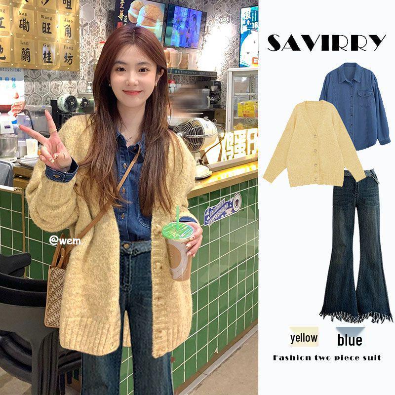 

Женское трио в корейском стиле: Желтый кардиган, рубашка, молодят и джинсы с высокой посадкой 2024 XL (115-125 lbs)