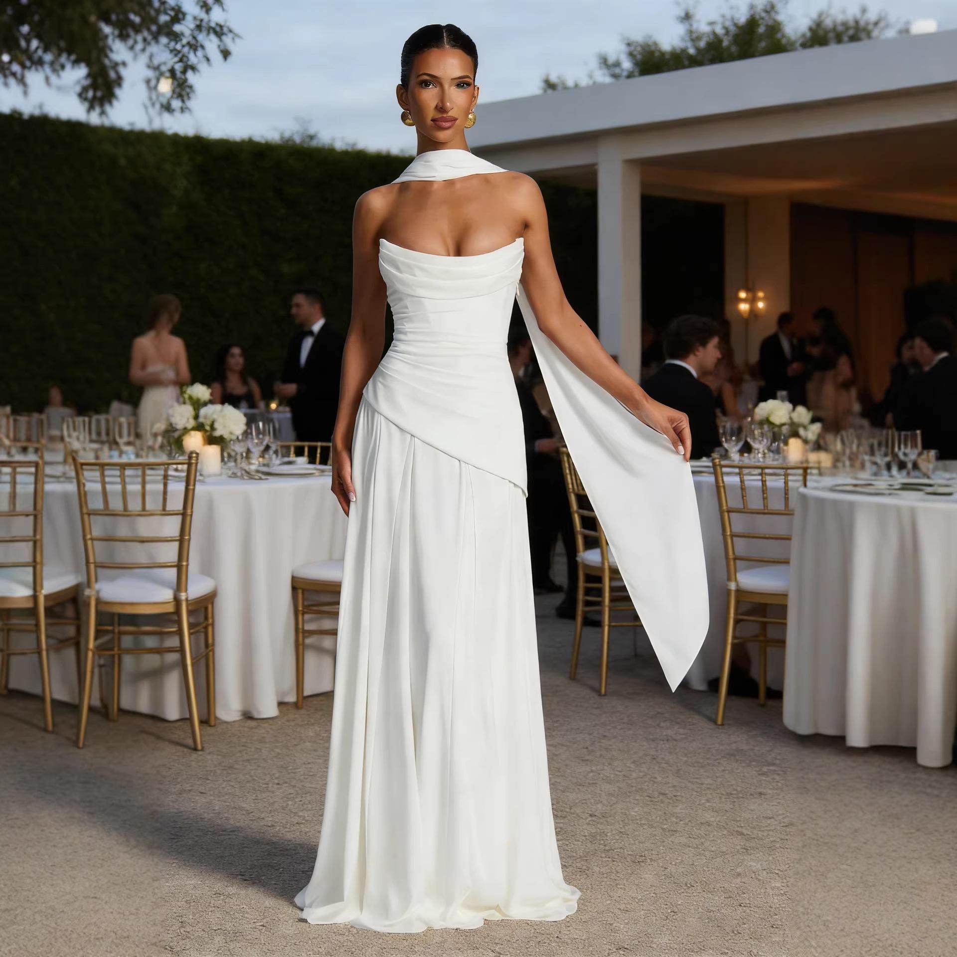 Summer 2026 Elegant Irregular Tie-up Bandeau Maxi Dress with French Slit Extra Large белый