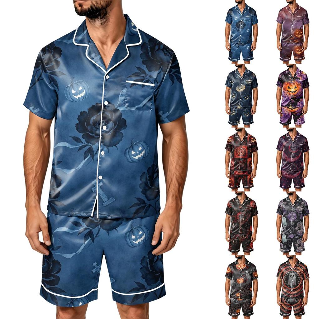 Herren Halloween Pyjama Set - Gestreiftes Karomuster aus Satin, Kurzarmhemd und Shorts mit Taschen, Lockeres Zweiteiler Set für Zuhause und Tägliche Kleidung