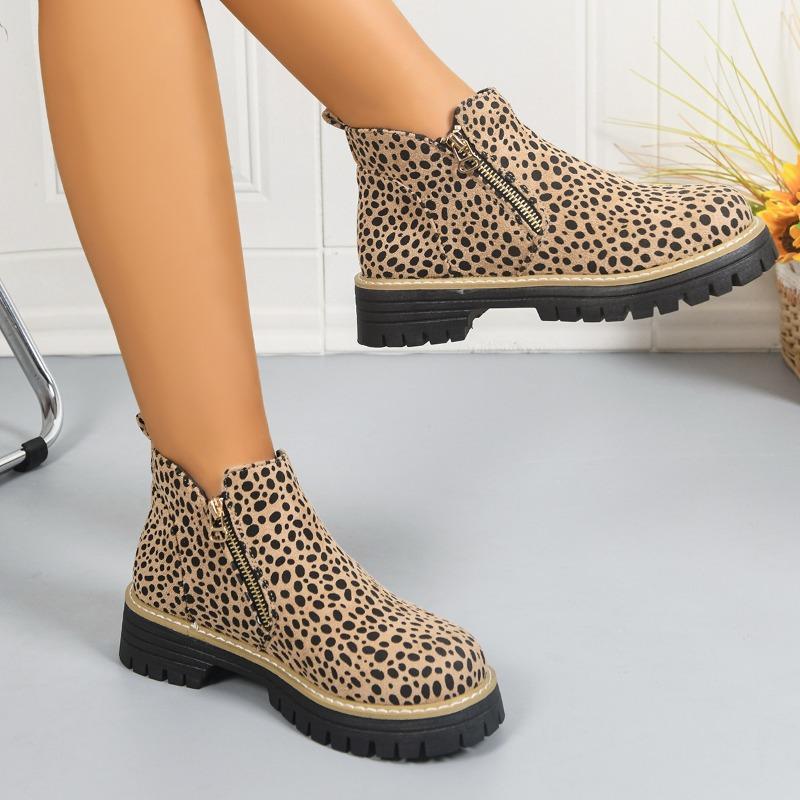 Plus Size Leopard Print Platform Martin Boots 2025 Winter New Side Zipper Round Toe Booties for Women