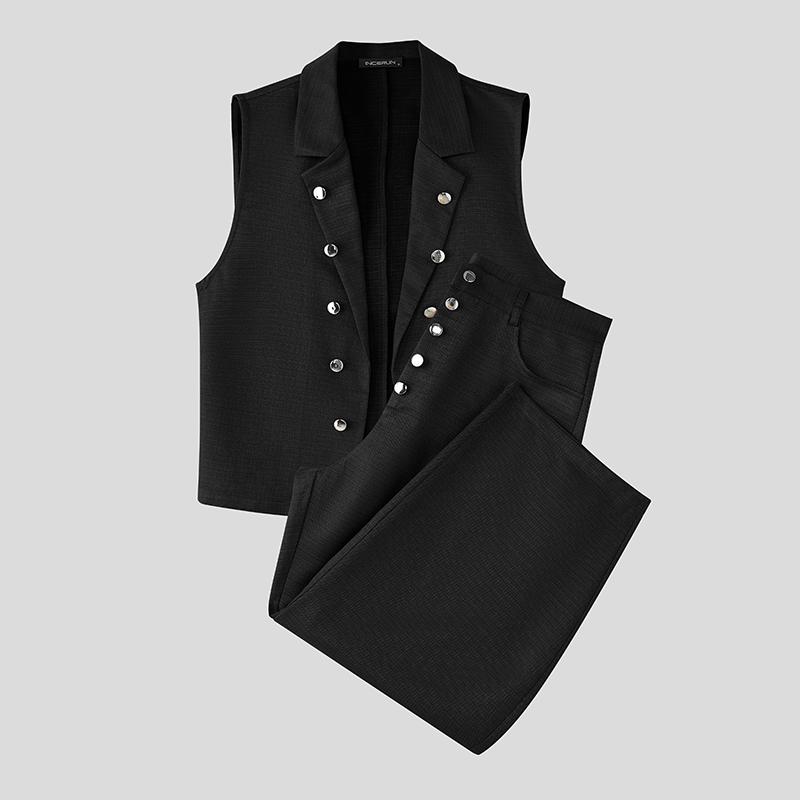 

INCERUN 2PCS Two Pieces Men Sleeveless Texture Cropped Waistcoat and Long Straight Pants Sets M чёрный