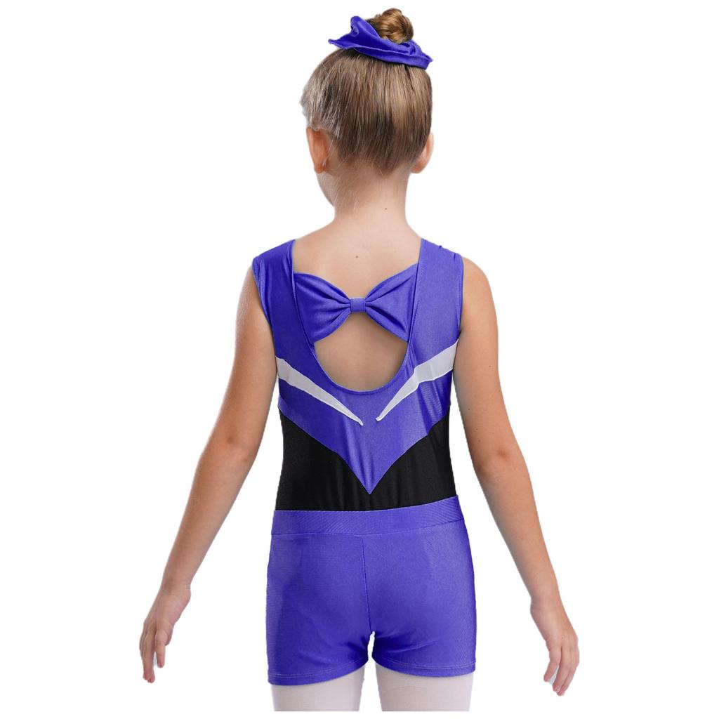 Mädchen Gymnastik Tanz Set Ärmellos Cut-out Rücken Glitzernde Strasssteine Trikot V-Bund Shorts Haargummi