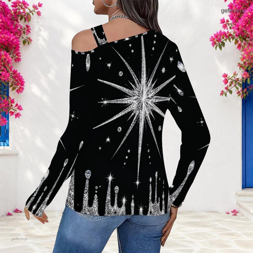 Women Plus Size Asymmetric Cutout Neck Cold Shoulder Long Sleeve Black Gold Printed Fitted Top