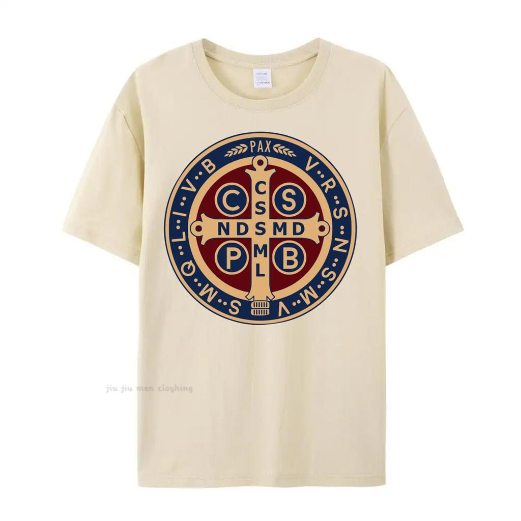 The Saint Benedict Medal Catholic Pullover T-Shirt Camisas Men Women Casual Printed Cotton T Shirt Vintage Harajuku  Oversized T