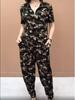 Plus Size Camouflage Summer Two-Piece Set: Short Sleeve Lapel Top & Sport Pants for Women
