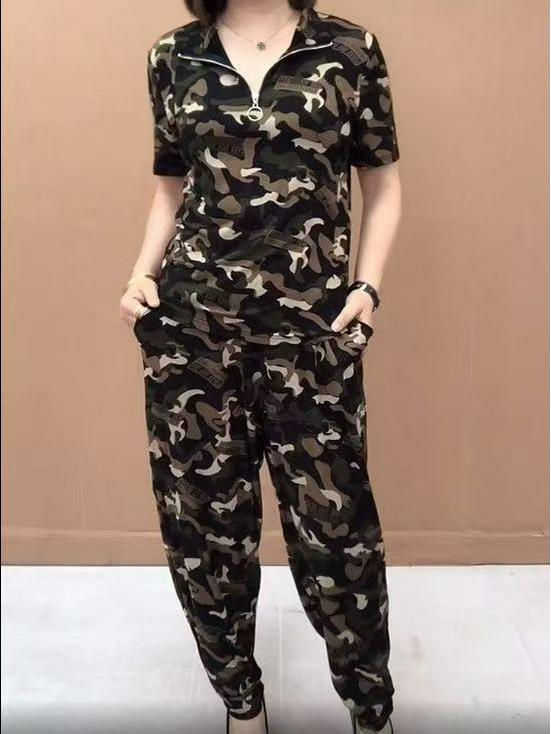 Plus Size Camouflage Summer Two-Piece Set: Short Sleeve Lapel Top & Sport Pants for Women