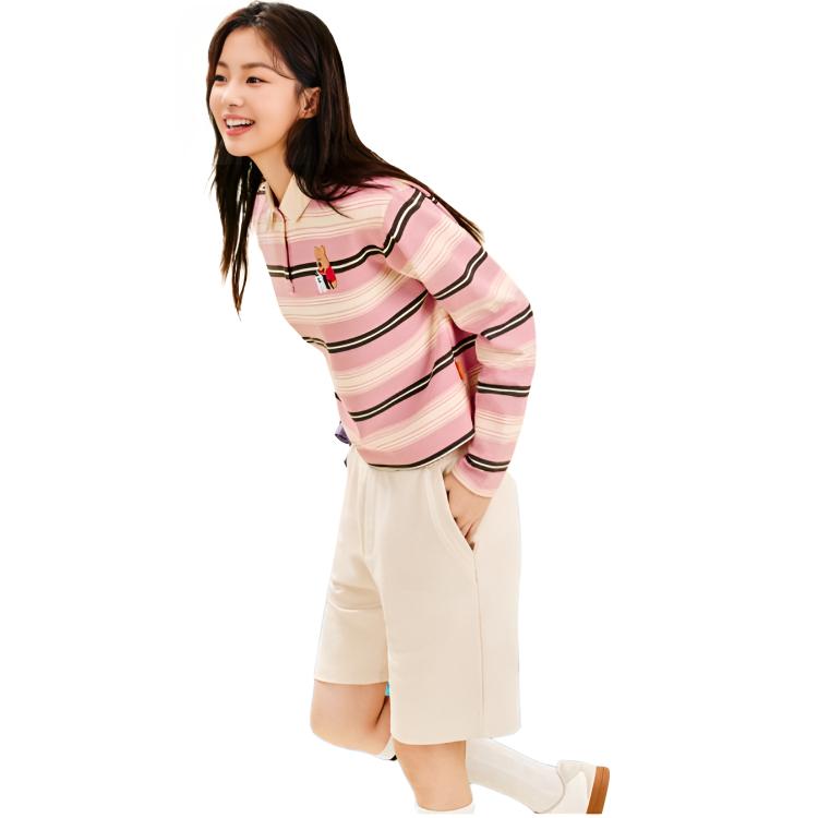 Anta X Cute Town Collaboration Life Series Polo Neck Striped Color Block Loose Long Sleeve T-Shirt Women Tops 162548404-1