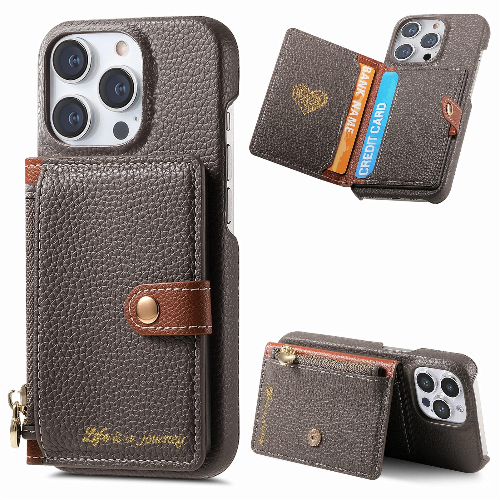 

Y4 For iPhone 16 Pro Case Zipper Pocket Leather+TPU Phone Cover Card Holder Kickstand Grey