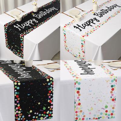 Colorful Polka Dot Pattern Decorative Table Runner, Happy Birthday Theme Polyester Table Flag, Birthday Party Table Ornament