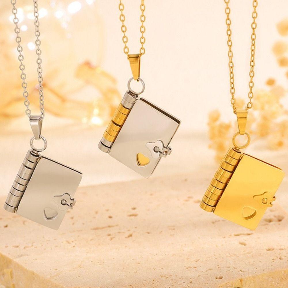 Metal Book Pendant Necklace Openable Lovers Choker Necklace Fashion Women's Sweater Chain  Girls