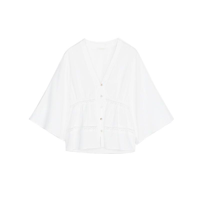 Summer New Style White Flared Sleeve Cardigan French Loose Vertical Lace V-neck Shirt 8372037