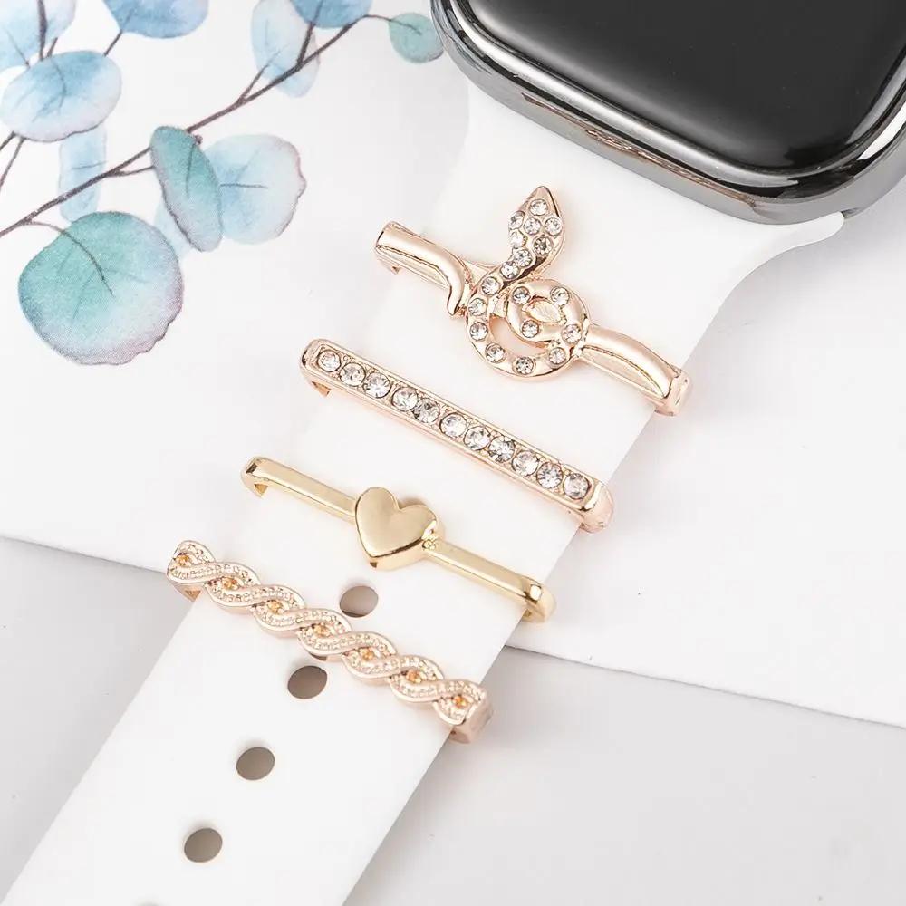 4Pcs Watch Band Ornament for Apple Watch Band Fashion Flower Heart-shaped Decor Ring for Iwatch Strap Accessory Wristbelt Charms