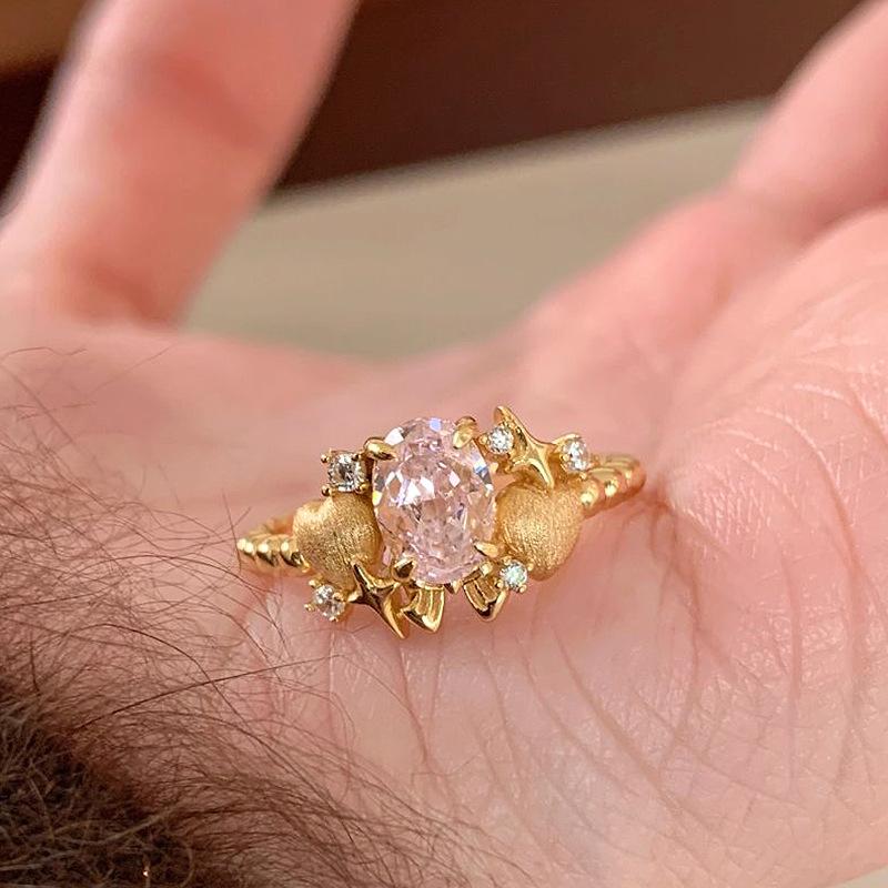 Romantic pink diamond engagement ring new in retro brushed star studded diamond Female Ring adjustable wedding