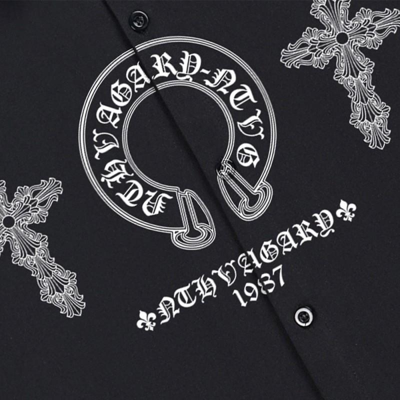 Mens Loose Fit Long Sleeve Cotton Shirt With Gothic Cross Print Streetwear Casual Top Fall 2025
