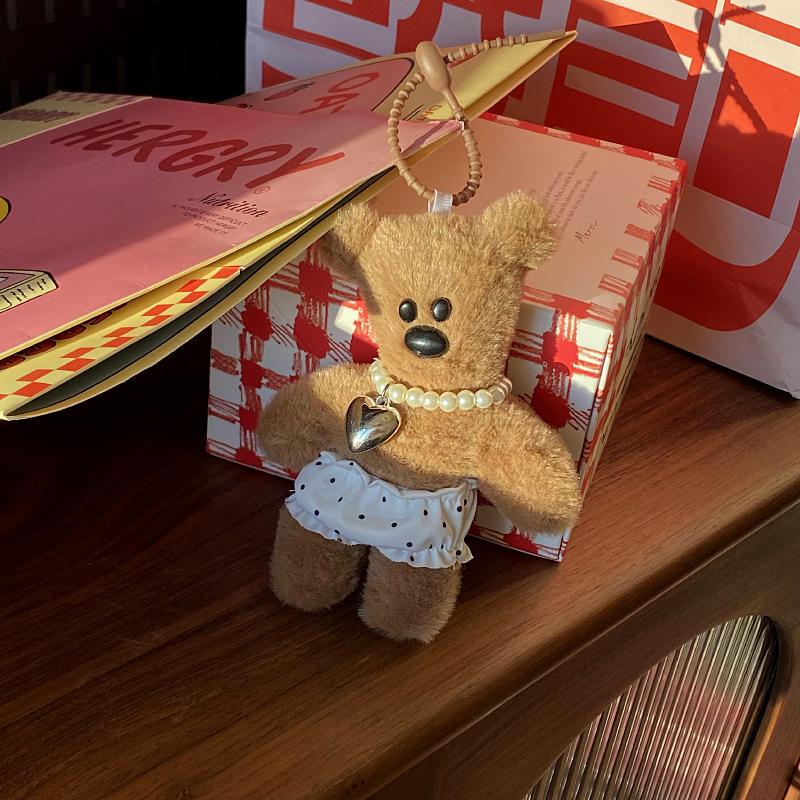 Creative Tilted Head Teddy Bear Polka Dot Underwear Necklace Plush Doll Bag Pendant, Coffee Bear Keychain
