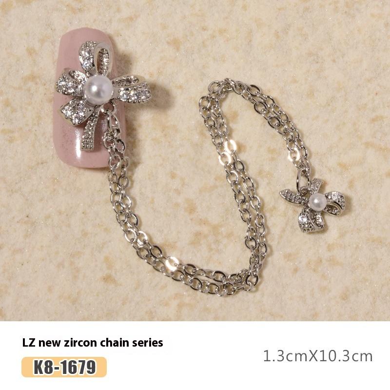 Nail Art Zircon Plated Real Gold Chain Jewelry Pearl Pendant Gold Bow Zircon Chain