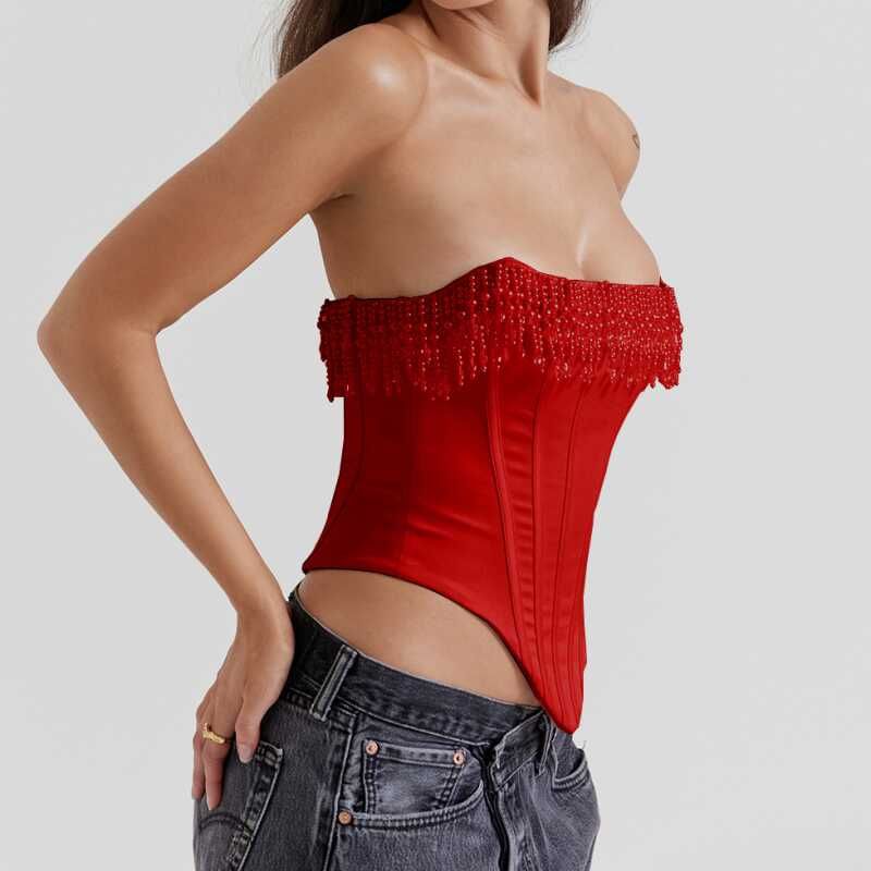 

Sleeveless Fishbone Vest Pure Color Sexy Pearl Tube Top Tops Fishbone Stylish Vest Summer Red L
