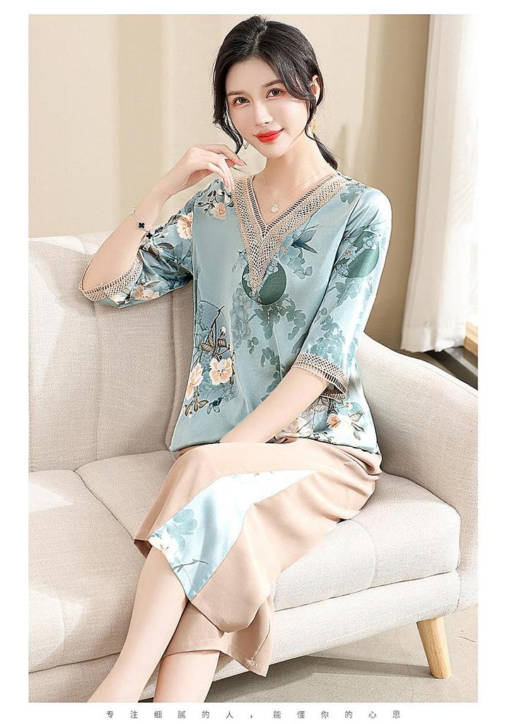 2026 Summer Chiffon Top Set for Stylish Middle-Aged and Elderly Mothers (Short/Mid-Sleeve)