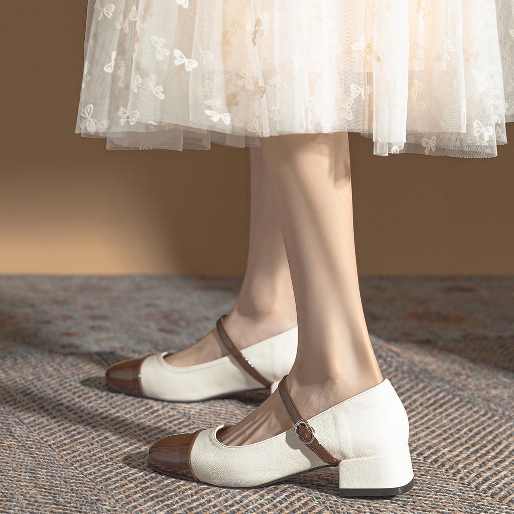 French Mary Jane shoes 2025 spring and summer new square head thick heel color matching medium heel single shoes patent leather retro high heels