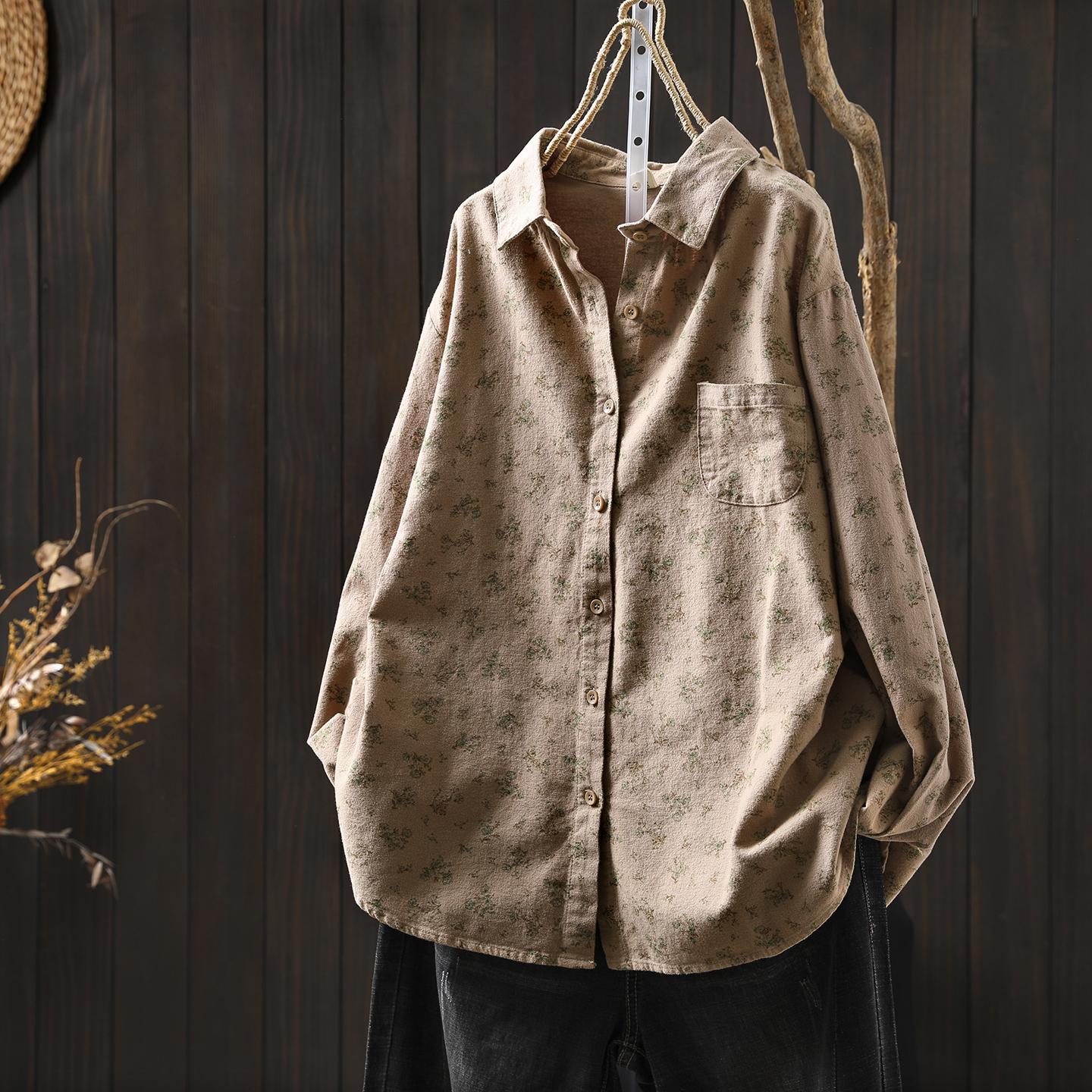 Women s 2025 Long-Sleeve Floral Cotton Layering Top - Stylish, Age-Reducing, Winter Essential One Size хаки