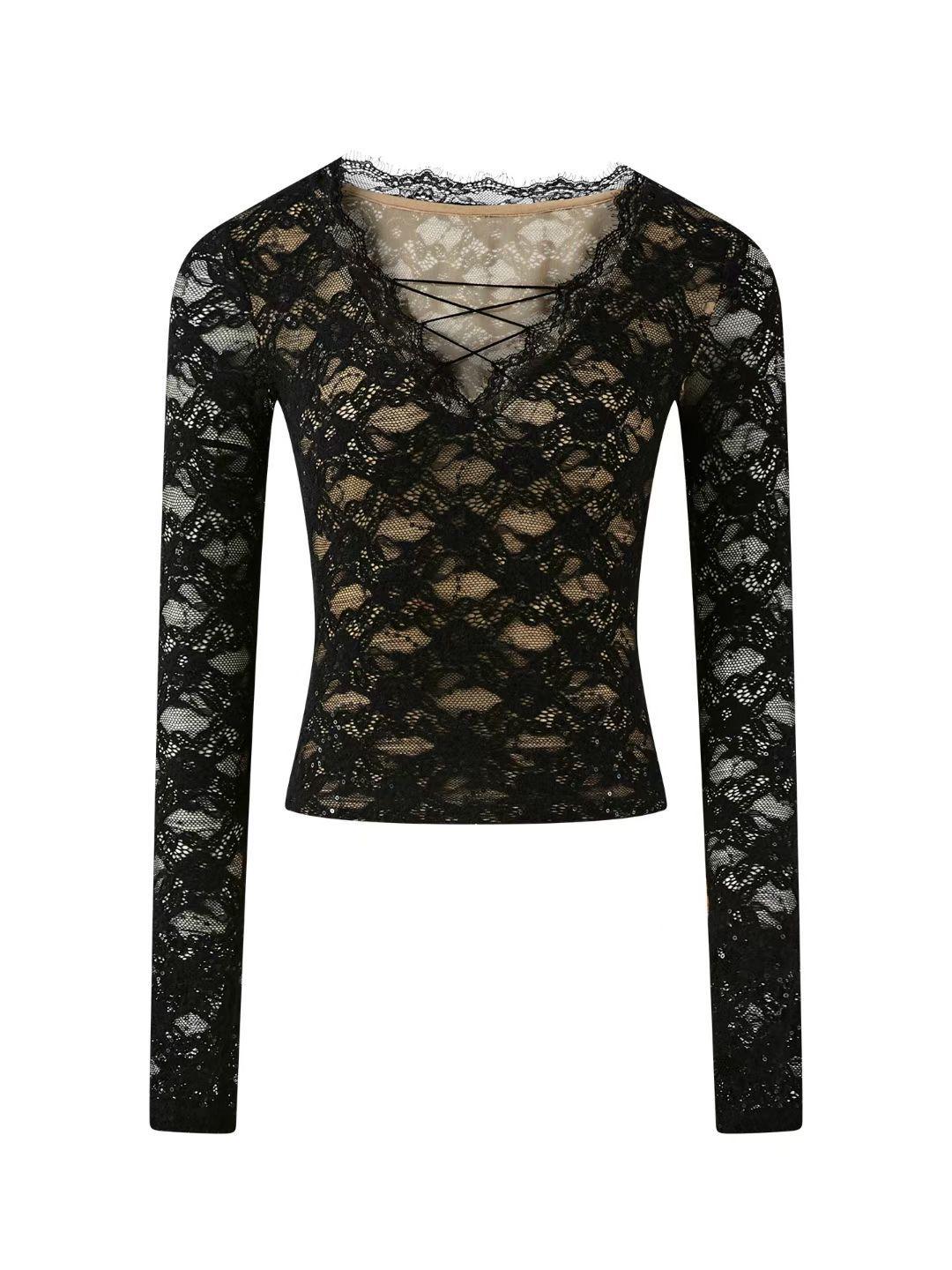 2025 Autumn/Winter Pure Desire V-Neck Cross Strap Lace Shirt for Women Small чёрный