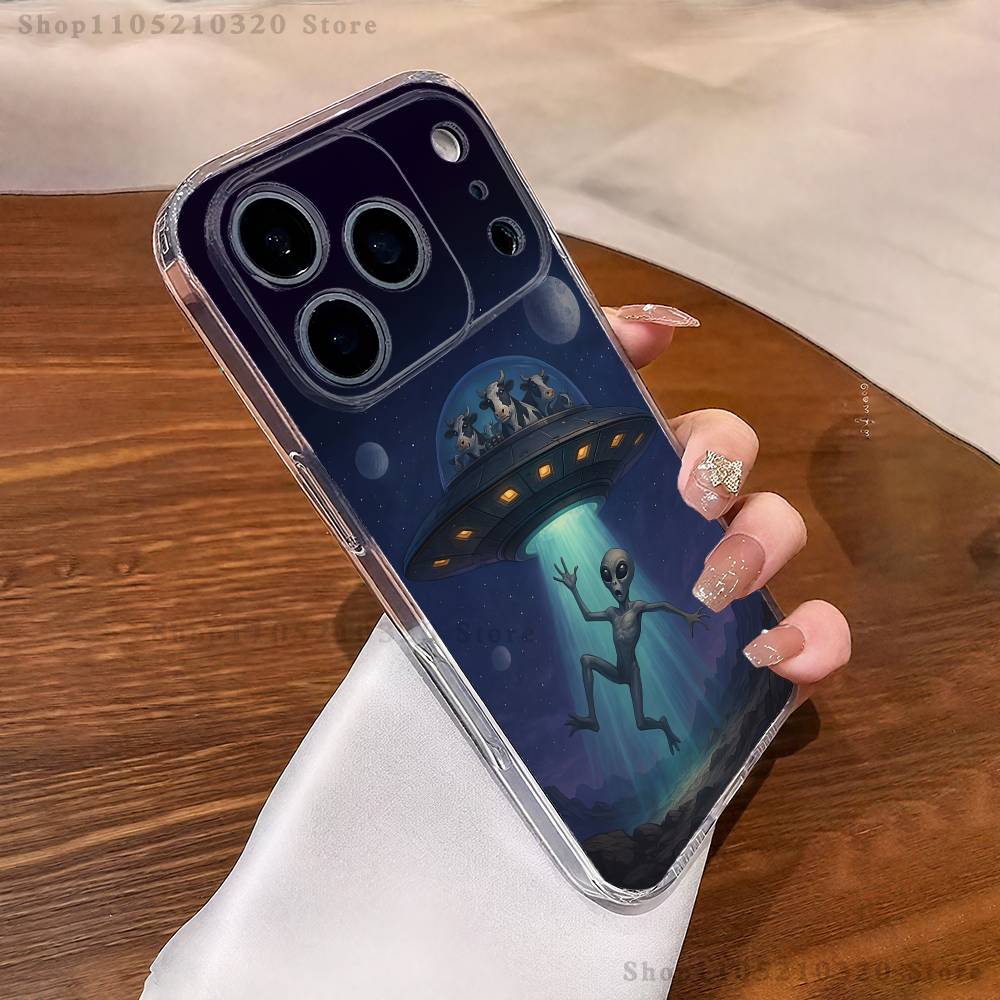 Funny Space UFO Thing Phone Case For iPhone 16,15,17,12,13,14,11 Max,Pro,Plus,X,XS,XR,SE4,E Mini Transparent Cover