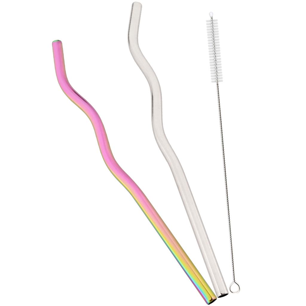 2pcs Wavy Stainless Steel Straight Straw Set Fruit Juice Milkshake Cocktail Bubble Tea Drinking Straw Kitchen Bar Accessories