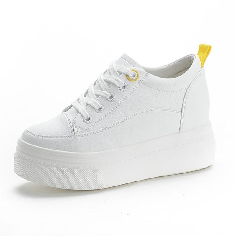 

Genuine Leather 8Cm Women Shoes White Skateboard Sneakers Platform Wedge Shoes Breathable 35