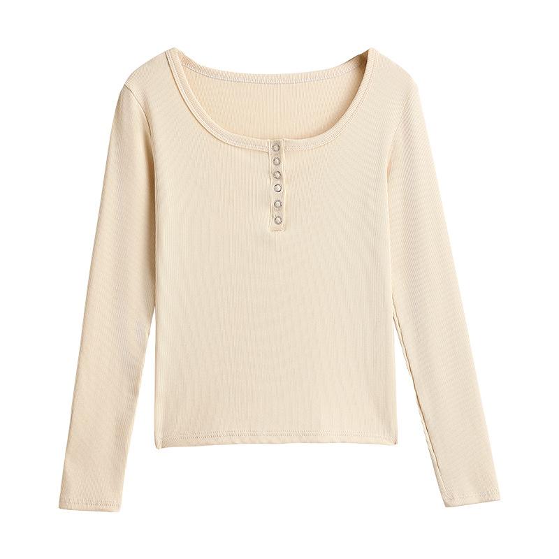 Ribbed Button Long Sleeve Base Layer Women Inner Wear Design Structured Shoulder T Shirt Premium Can Be Outer Wear Autumn Winter Top