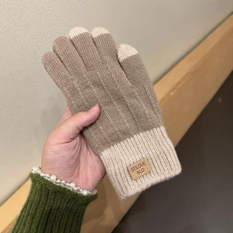 Warm gloves women's autumn and winter camel wool knitted outdoor antifreeze velvet thickened cute
