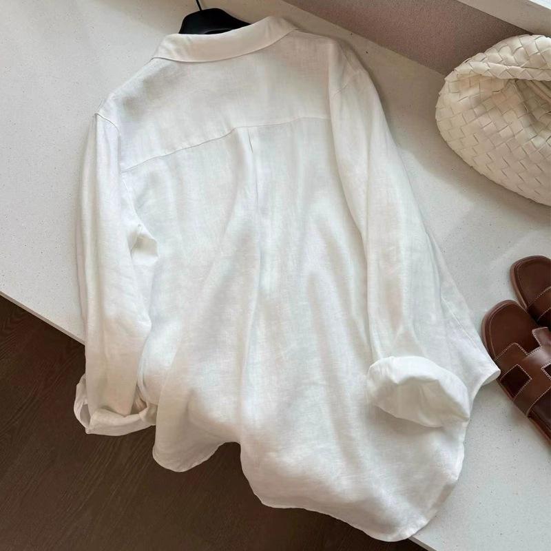 Women's Early Autumn White Linen High-End Long Sleeve Shirt - Slimming, Loose Fit, Cotton-Linen Blend