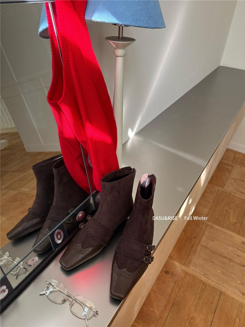 

Low Heel Splicing Suede Square Head Short Boots Women S Autumn And Winter Skinny Boots Belt Buckle Brock Short Boots 39