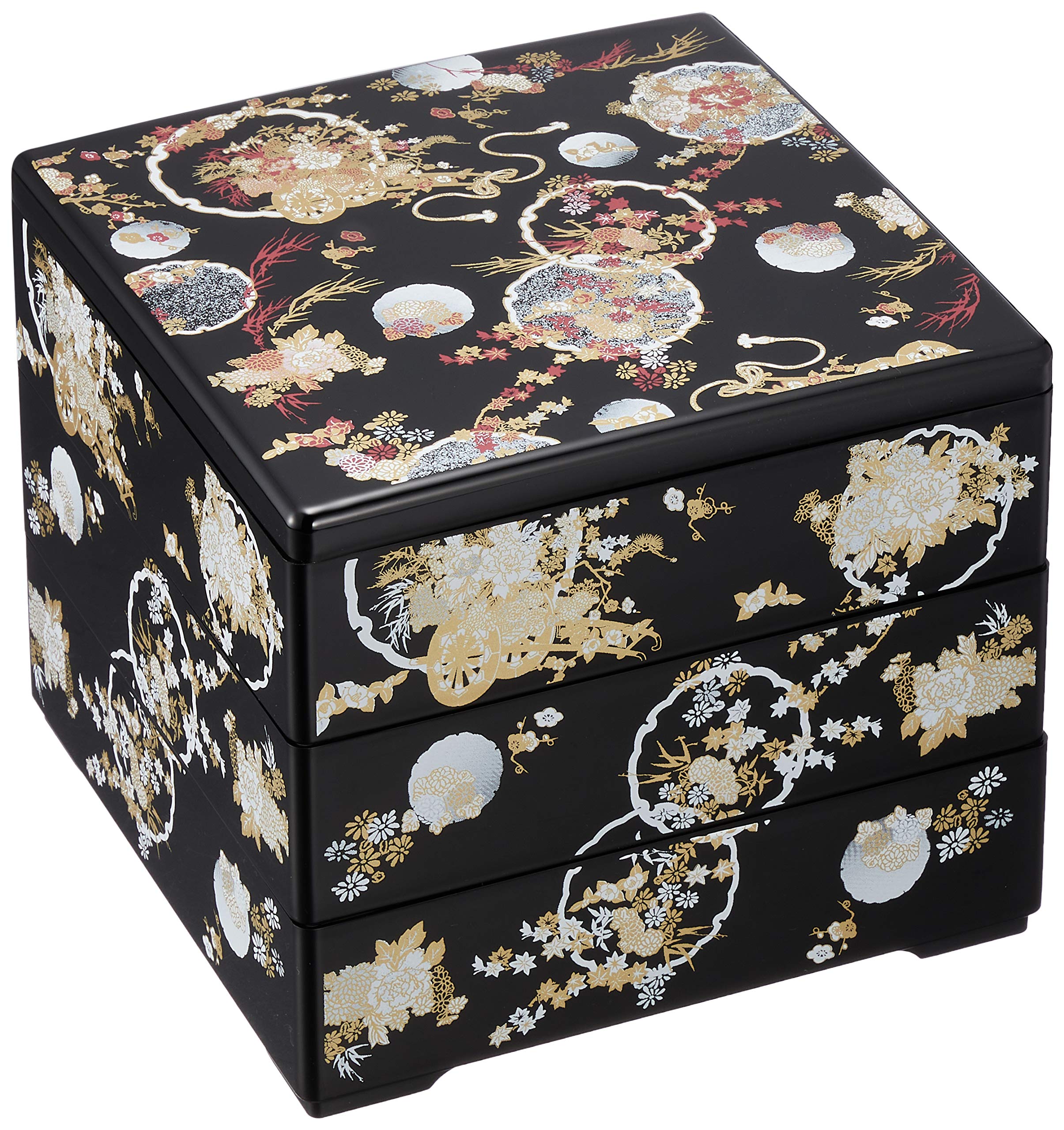 

Wakaizumi Lacquerware 3-Tiered Box, 6.5 inches, Black Flower and Circle Pattern (Black Interior), H-150-57A