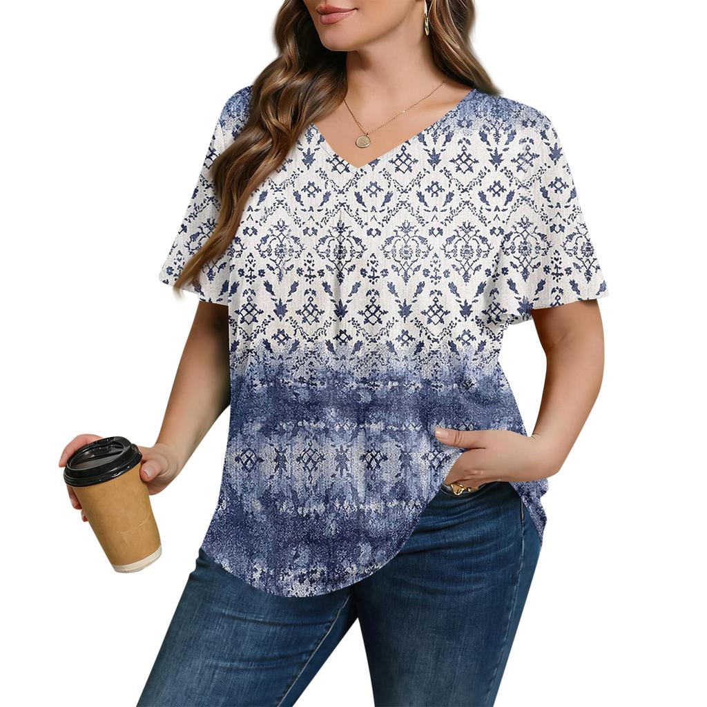Women's Plus Size Fashionable Casual Loose-Fit Short Sleeve Elegant V Neck Blouse For Work