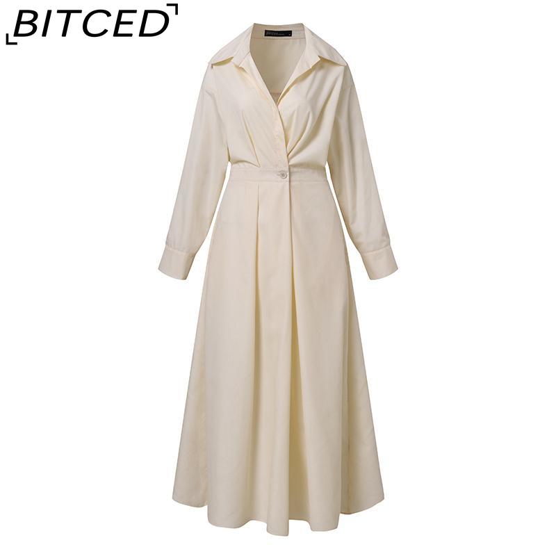 BITCED Women Casual Loose Long Dress Turn-down Collar Long Sleeve