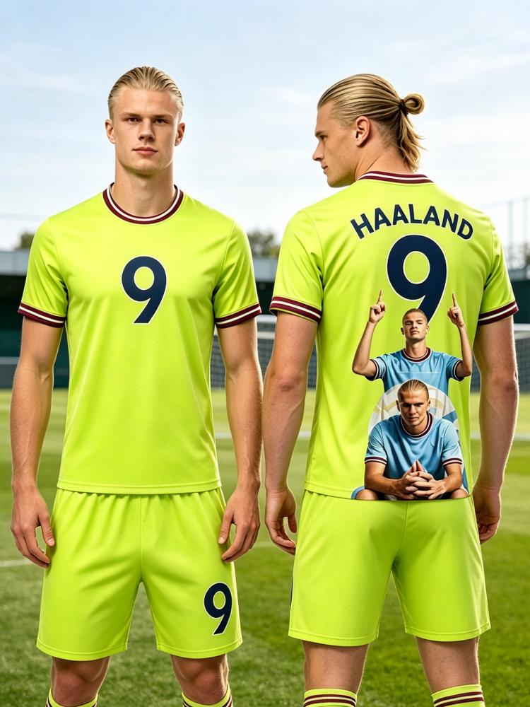 Summer New Haaland #9 Football Jersey Sports Short Sleeve T-shirts and Shorts Set Breathable Soft Fan Clothing Family Kids Tees