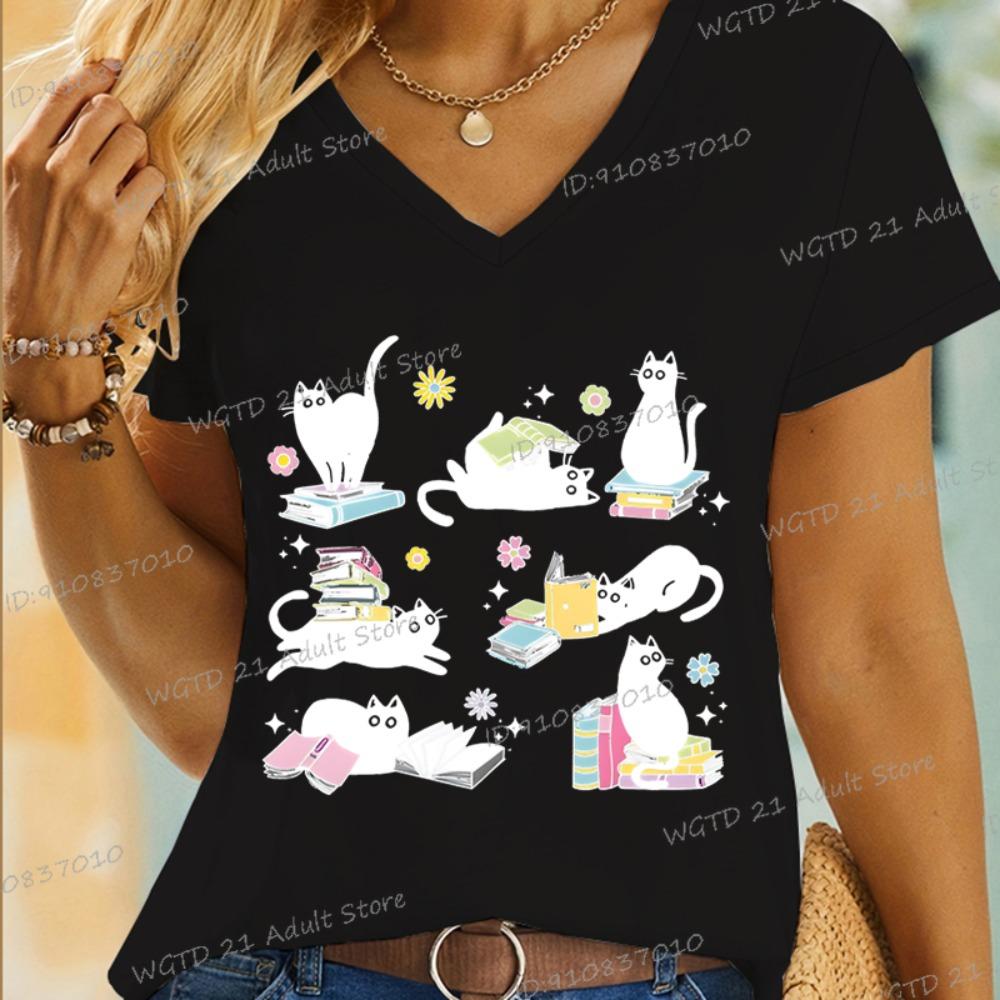 Cartoon cat and book T-shirt funny bookworm casual women's short-sleeved top