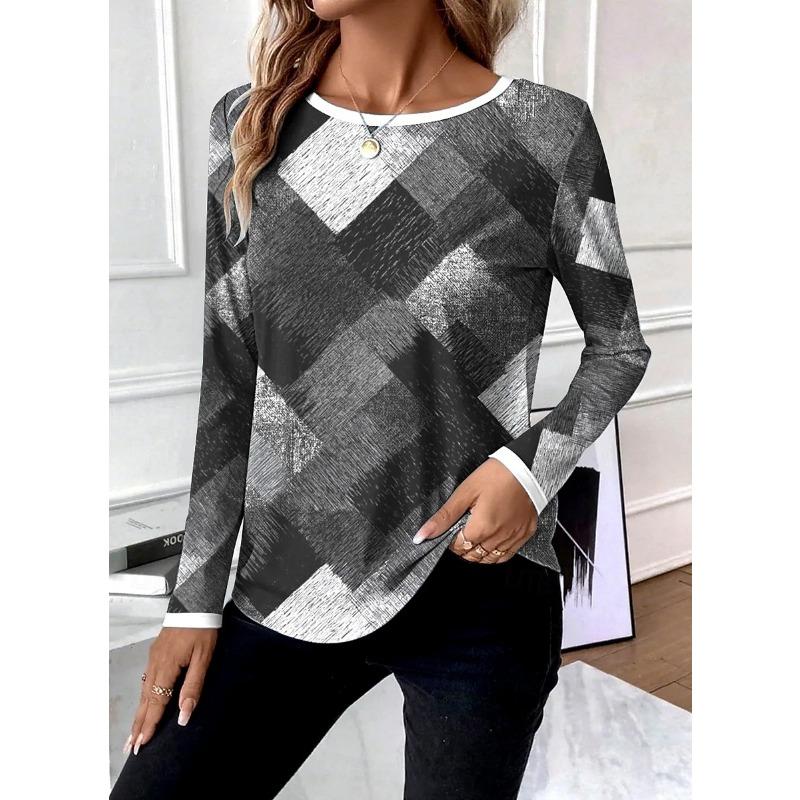 Ladies' Casual Contrasting Printed Long Sleeved Round Neck Top, Women's Streetwear