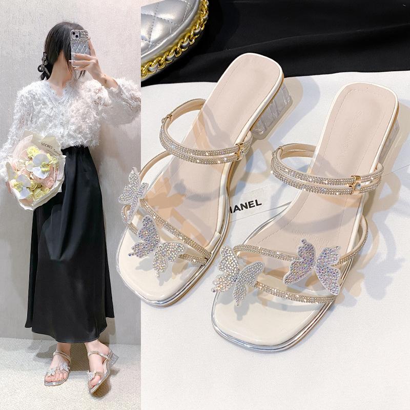 New 2025 summer thick heel cool slippers fashion French bow sandals wind fairy transparent two wear outside