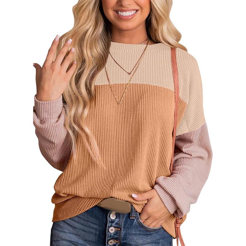 Women Fashion Color Block Long Sleeve O-neck Knitted Ribbed Casual Loose Pullovers