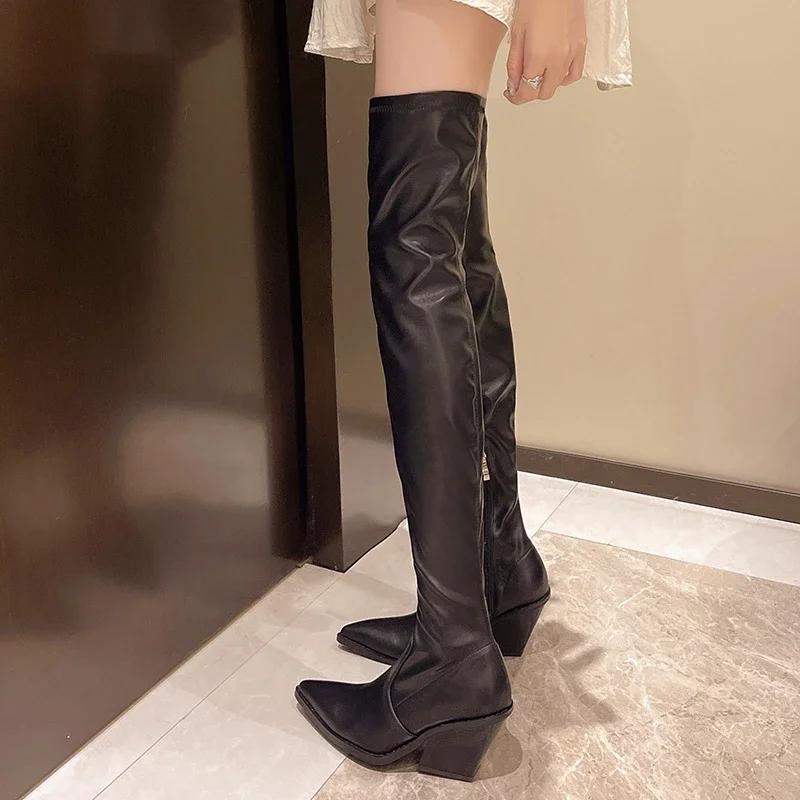 Fashion Pointed Toe Shoes for Women 2024 Winter New Increase Height and Slim Down Black Women's Over-the-knee Boots Plus Size 35-42