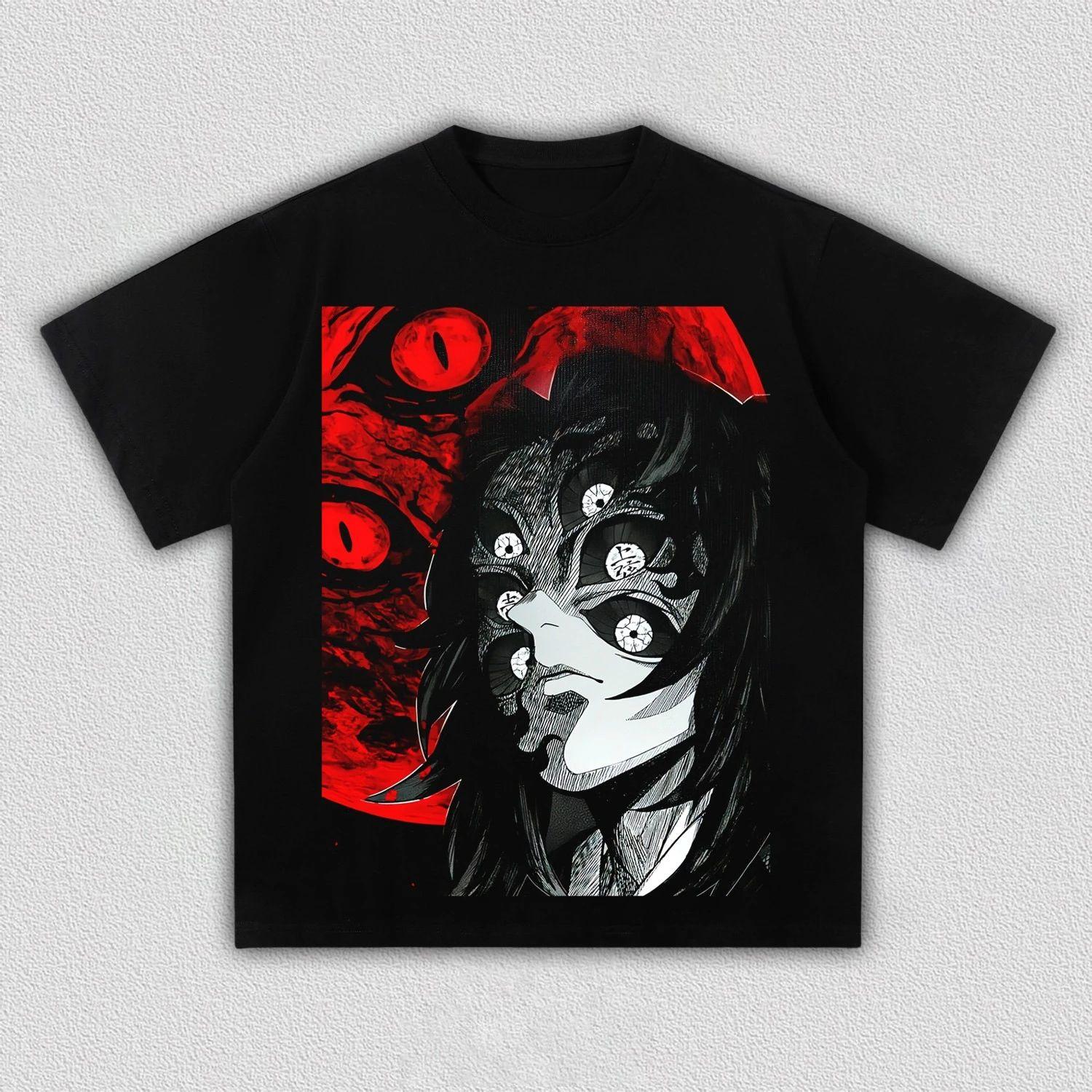 Demon Slayer Kokushibo Red Moon Anime Graphic T-Shirt Cool Dark Manga Art Print Casual Streetwear Tee Unisex L