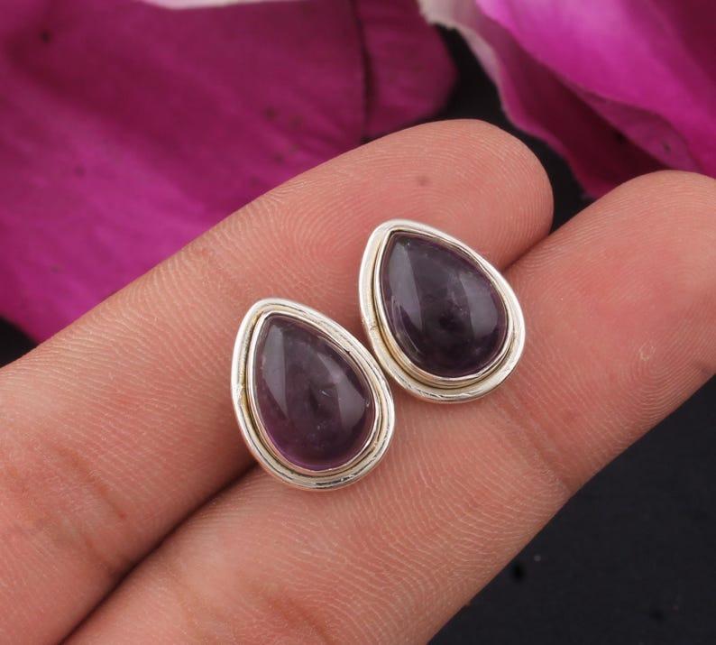 Аметист Камень Грушевидный Камень Ручная Работа Серьга-Гвоздик минималистичная Серьга Серьги из Серебра 925